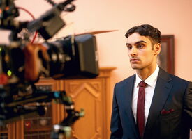 Schauspieler im Anzug mit roter Krawatte steht vor der Filmkamera in einer Innenraumszene